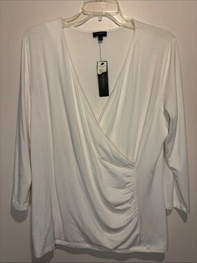 Talbots NWT V Neck Faux Wrap Ruched White Minimalist Sleeves Blouse Top Size 0X